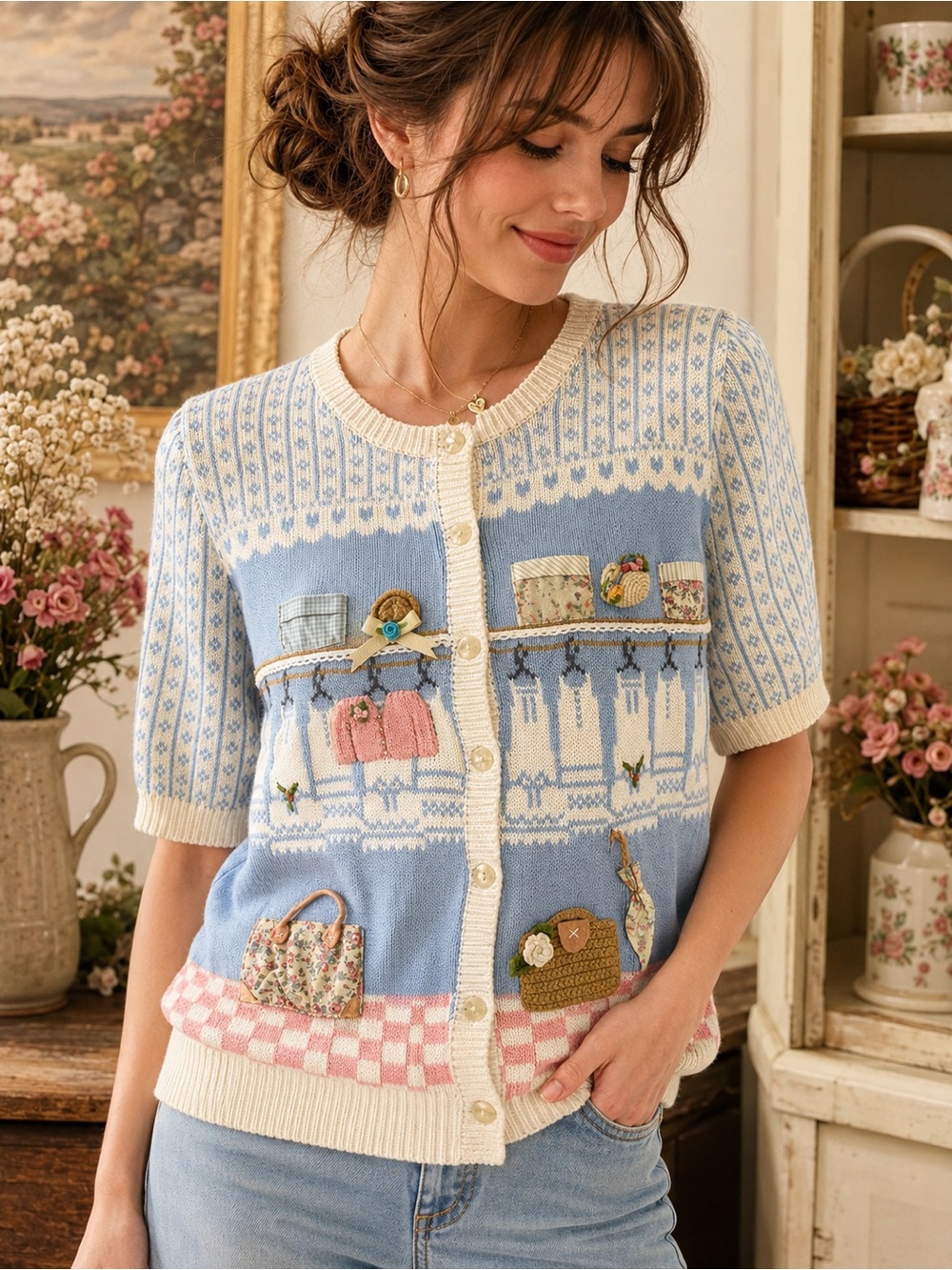 Vintage Rare Susan Bristol Hand Embroidered Novelty Cottagecore Cardigan L